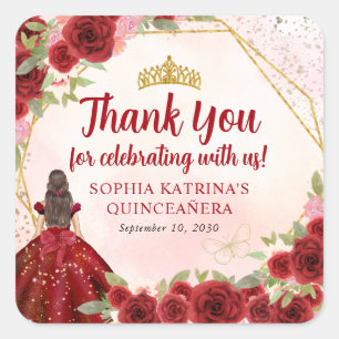 Burgundy Red Gold Floral Princess Crown Thank You Square Sticker