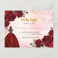 Burgundy Red Gold Floral Princess Quinceañera RSVP