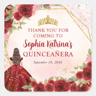 Burgundy Red Gold Floral Princess Tiara Thank You Square Sticker
