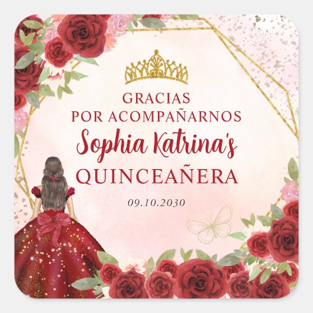 Burgundy Red Gold Floral Princess Tiara Thank You Square Sticker (Front)