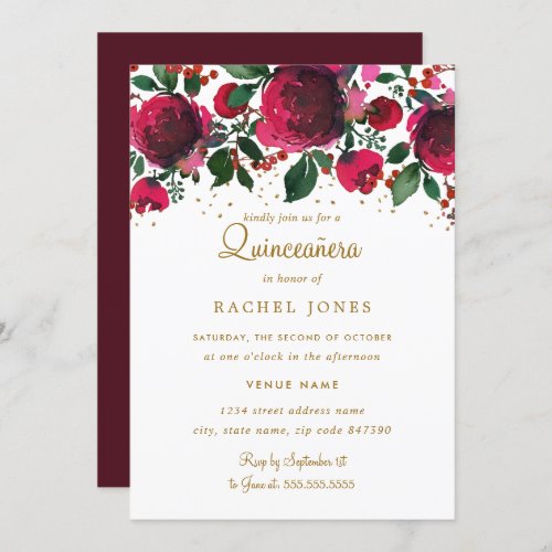 Burgundy Red Gold Floral Quinceanera Birthday Invitation