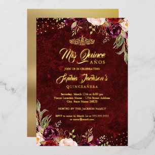 Burgundy Red Gold Floral Quinceanera Foil Invitation