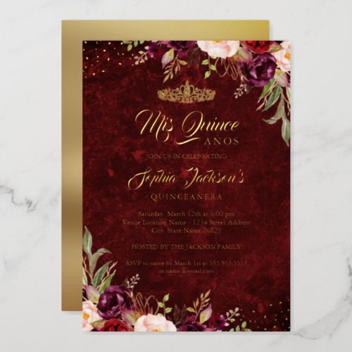 Burgundy Red Gold Floral Quinceanera  Foil Invitation