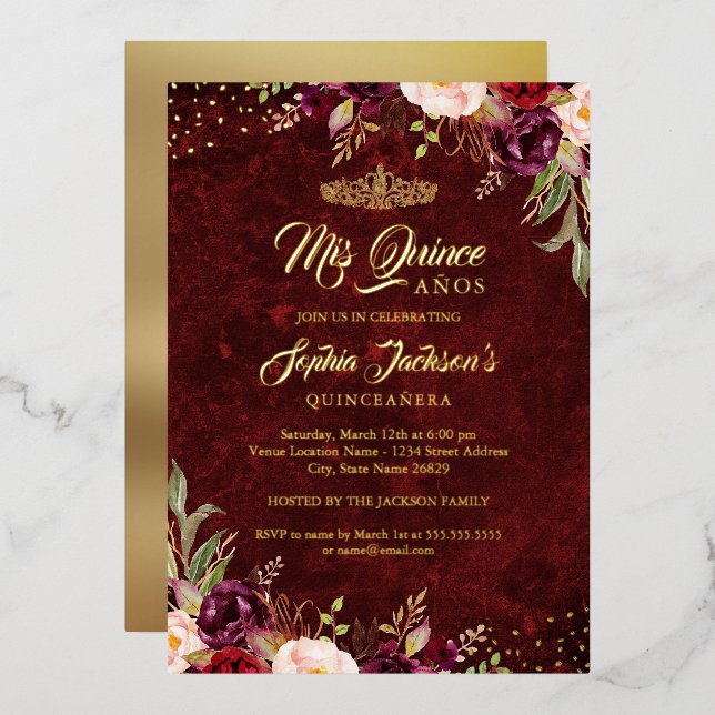 Burgundy Red Gold Floral Quinceanera  Foil Invitation (Front/Back)