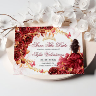 Burgundy Red Gold Floral Quinceanera Save The Date