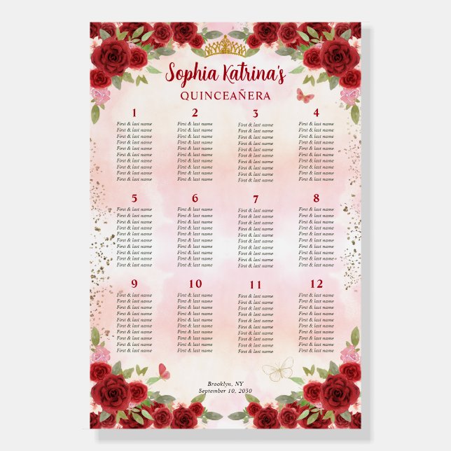 Burgundy Red Gold Floral Quinceañera Seating Chart Foam Board (Front)