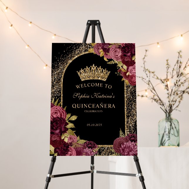 Burgundy Red Gold Floral Quinceanera Welcome Sign (In Situ (Stand))