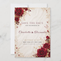Burgundy Red Gold Floral Save the Date Card