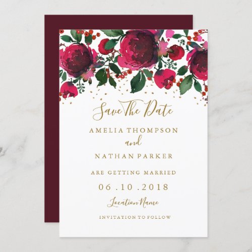 Burgundy Red Gold Floral Save The Date Invitation