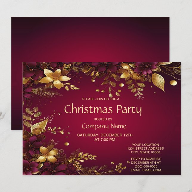 Burgundy Red Gold Flowers Christmas Party Invitation (Front/Back)
