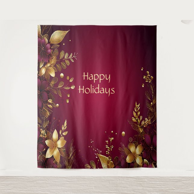 Burgundy Red Gold Flowers Holiday Backdrop (Front)