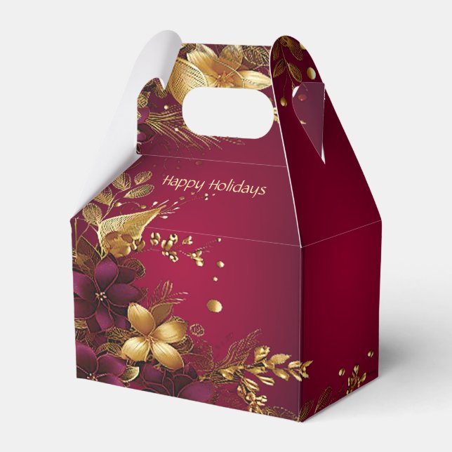 Burgundy Red Gold Flowers Holiday Gift Box (Front Side)