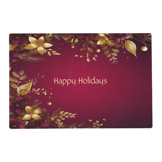Burgundy Red Gold Flowers Holiday Paper Placemat (Front)