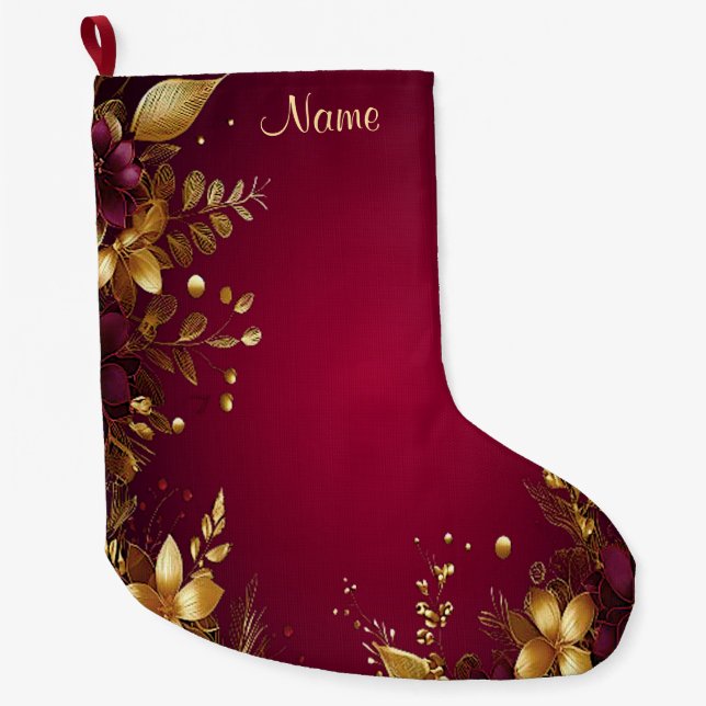 Burgundy Red Gold Flowers Holiday Stocking (Front)