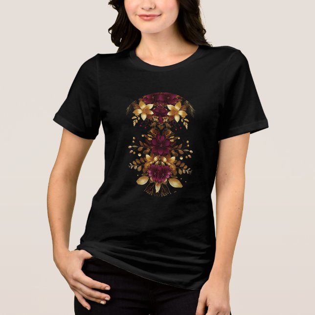 Burgundy Red Gold Flowers Holiday Women's T-Shirt Tri-Blend Shirt (Front)