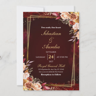 Burgundy Red & Gold Frame Floral Wedding Invite