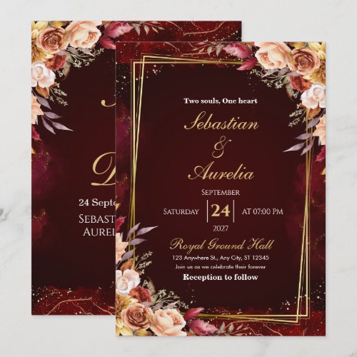 Burgundy Red & Gold Frame Floral Wedding Invite