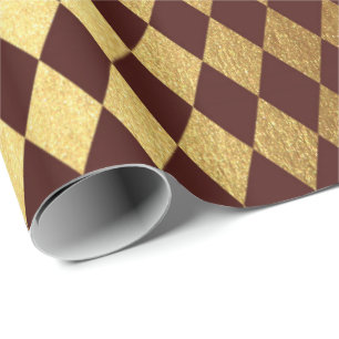 Burgundy Red Gold Geometry Chessboard Diamond Cut Wrapping Paper