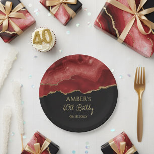 Burgundy Red Gold Glitter Abstract Watercolor Paper Plates