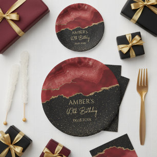 Burgundy Red Gold Glitter Abstract Watercolor Paper Plates