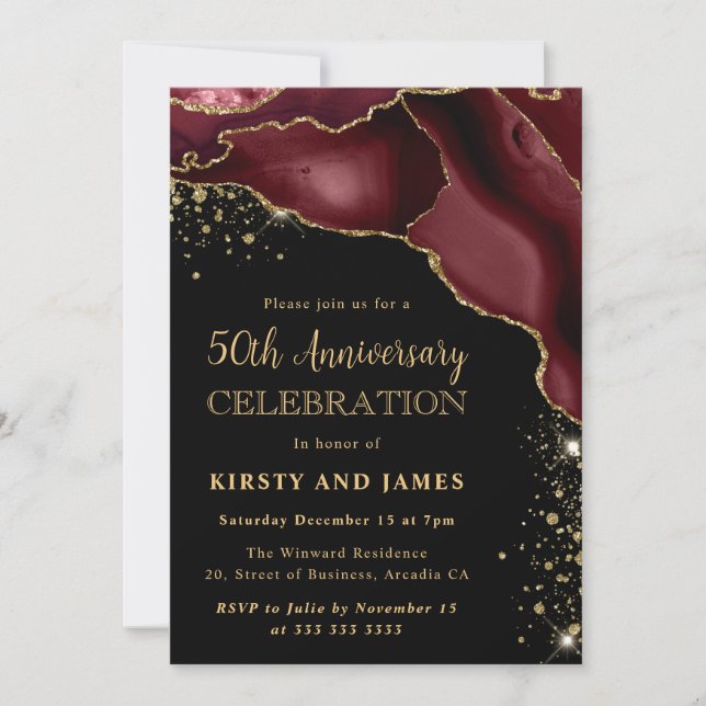 Burgundy Red & Gold Glitter Agate 50th Anniversary Invitation (Front)