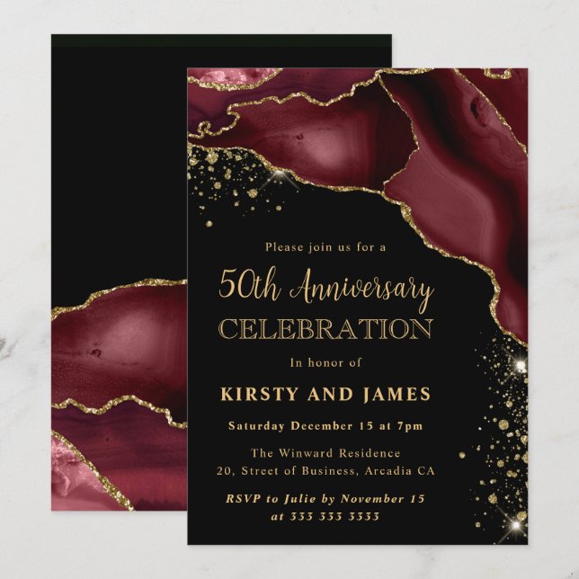 Burgundy Red & Gold Glitter Agate 50th Anniversary Invitation (Front/Back)
