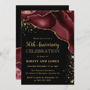 Burgundy Red & Gold Glitter Agate 50th Anniversary Invitation