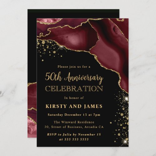 Burgundy Red  Gold Glitter Agate 50th Anniversary Invitation