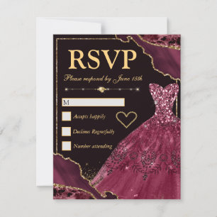 Burgundy Red & Gold Glitter Agate & Dress Sweet 16 RSVP Card