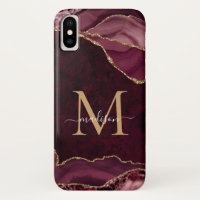 Burgundy Red Gold Glitter Agate Gemstone Monogram