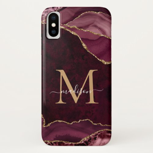 Burgundy Red Gold Glitter Agate Gemstone Monogram iPhone X Case