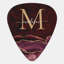 Burgundy Red Gold Glitter Agate Geode Monogram Guitar Pick