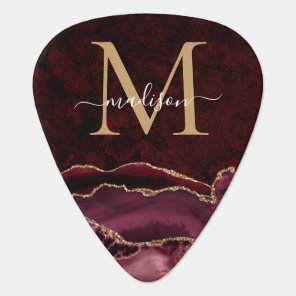 Burgundy Red Gold Glitter Agate Geode Monogram Guitar Pick