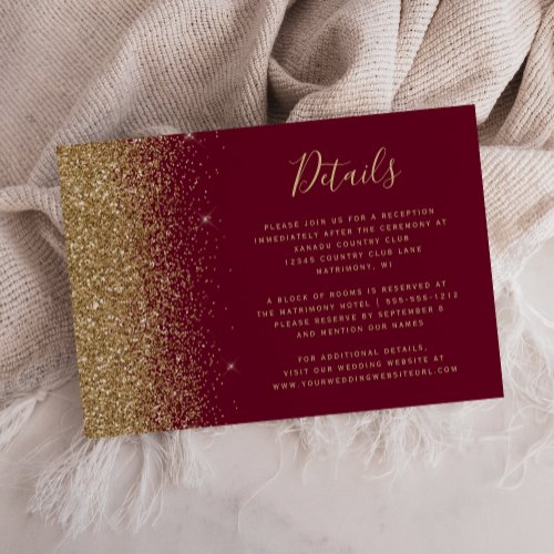 Burgundy Red Gold Glitter Edge Wedding Details Enclosure Card