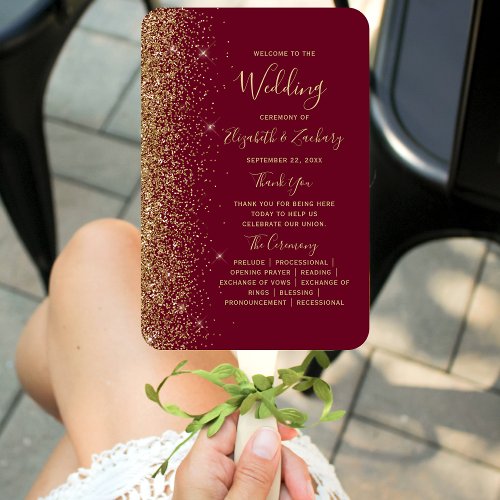 Burgundy Red Gold Glitter Edge Wedding Program Hand Fan