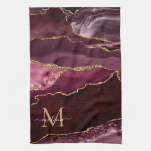 Burgundy Red Gold Glitter Geode Marble Monogram Kitchen Towel