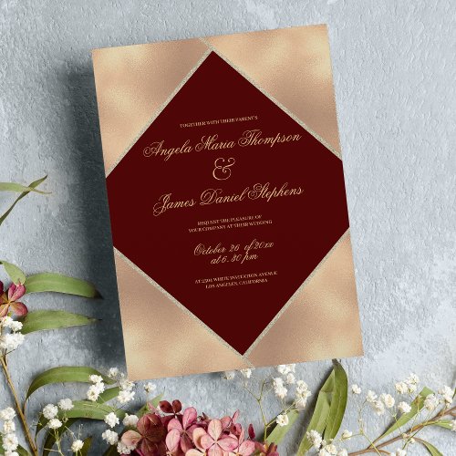 Burgundy red gold glitter gradient script wedding invitation