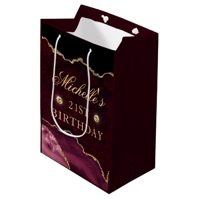 Burgundy Red & Gold Glitter Marble Agate Birthday Medium Gift Bag (Front Angled)