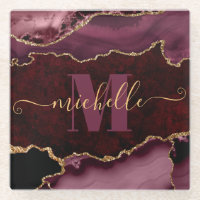 Burgundy Red & Gold Glitter Marble Agate Monogram