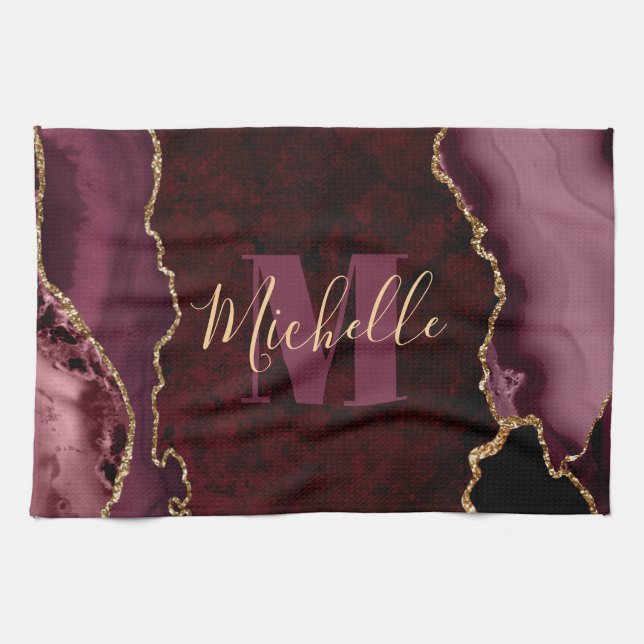 Burgundy Red & Gold Glitter Marble Agate Monogram Kitchen Towel (Horizontal)