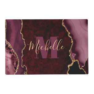 Burgundy Red & Gold Glitter Marble Agate Monogram Placemat