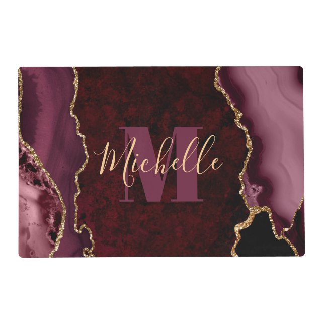 Burgundy Red & Gold Glitter Marble Agate Monogram Placemat (Front)