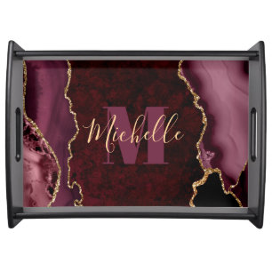Burgundy Red & Gold Glitter Marble Agate Monogram Serving Tray