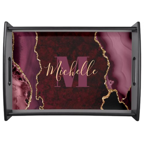 Burgundy Red  Gold Glitter Marble Agate Monogram Serving Tray