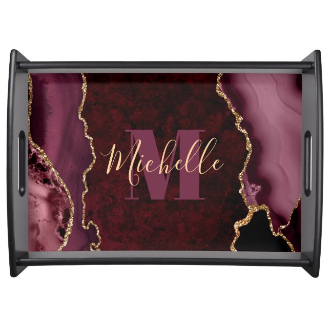 Burgundy Red & Gold Glitter Marble Agate Monogram Serving Tray (Front)