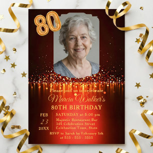 Burgundy Red & Gold Glitter Photo 80th Birthday Invitation