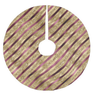 Burgundy Red Gold Glitter Stripes Brushed Polyester Tree Skirt