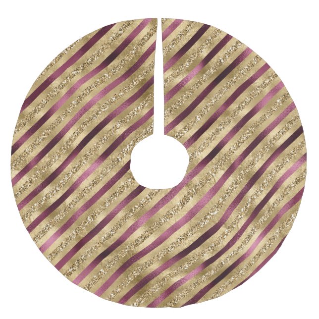 Burgundy Red Gold Glitter Stripes          Brushed Polyester Tree Skirt (Front)