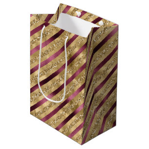 Burgundy Red Gold Glitter Stripes Medium Gift Bag