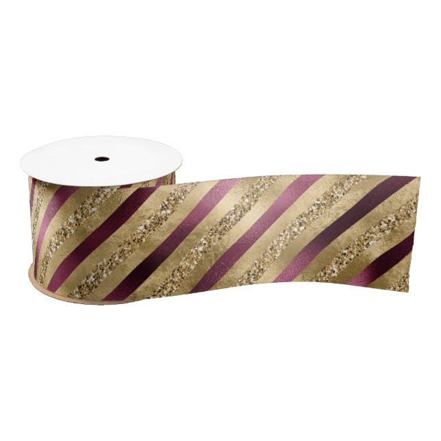 Burgundy Red Gold Glitter Stripes      Satin Ribbon (Spool)
